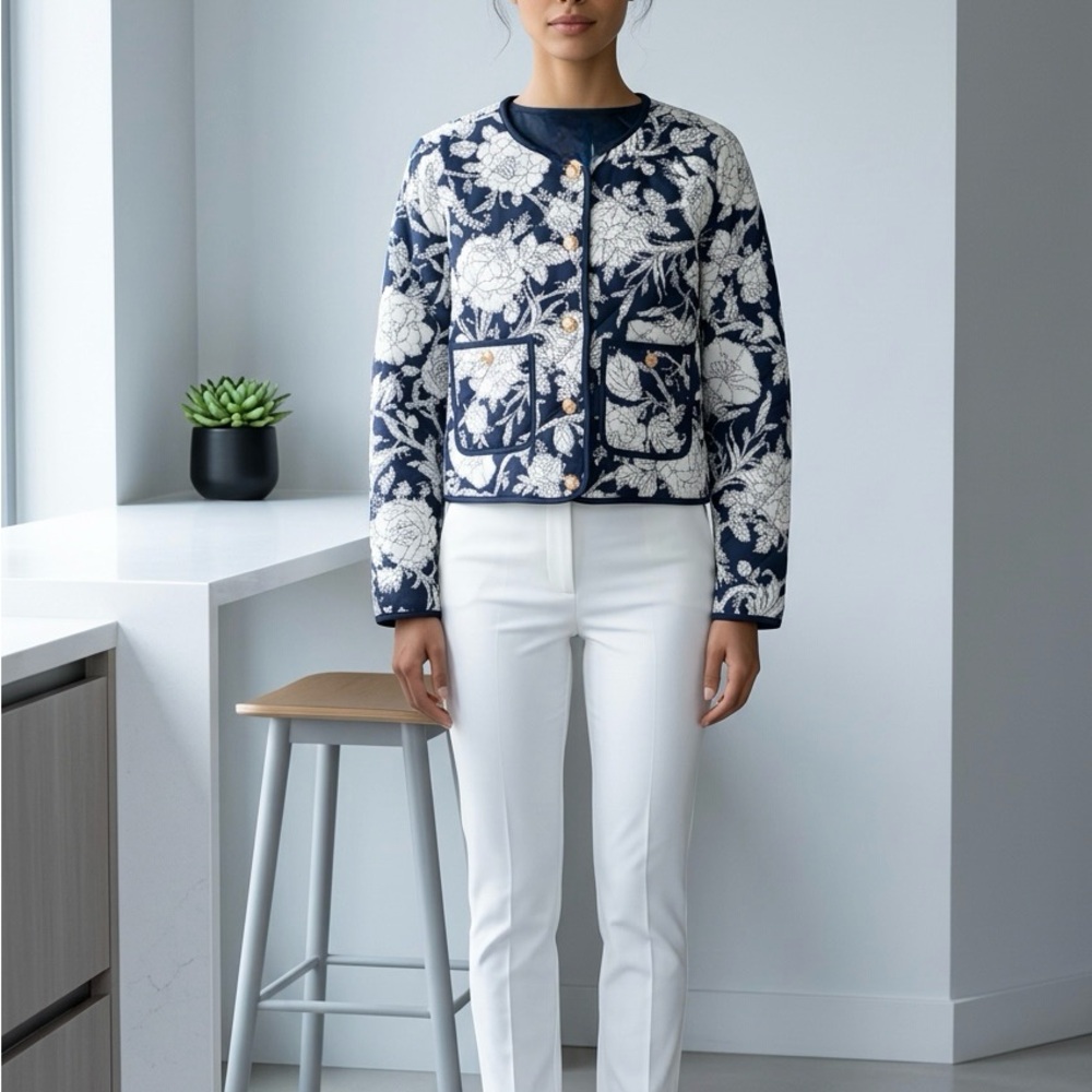 Navy & White Floral Quilted Jacket
